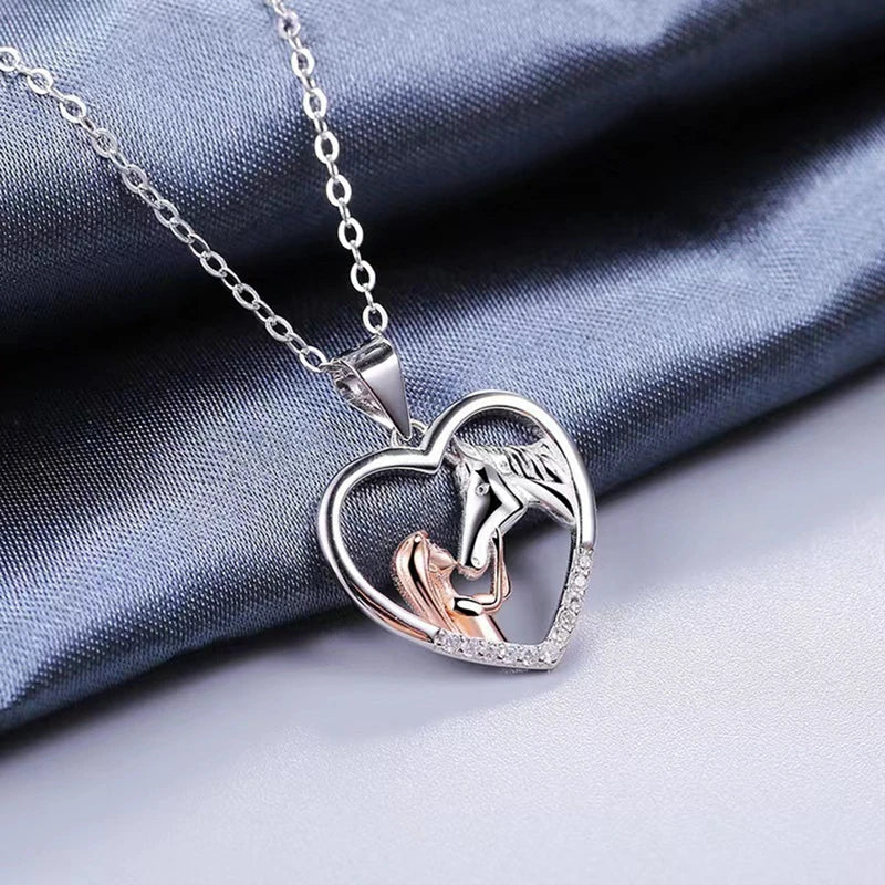 Beautiful Heart Zircon Girl and Horse Necklace